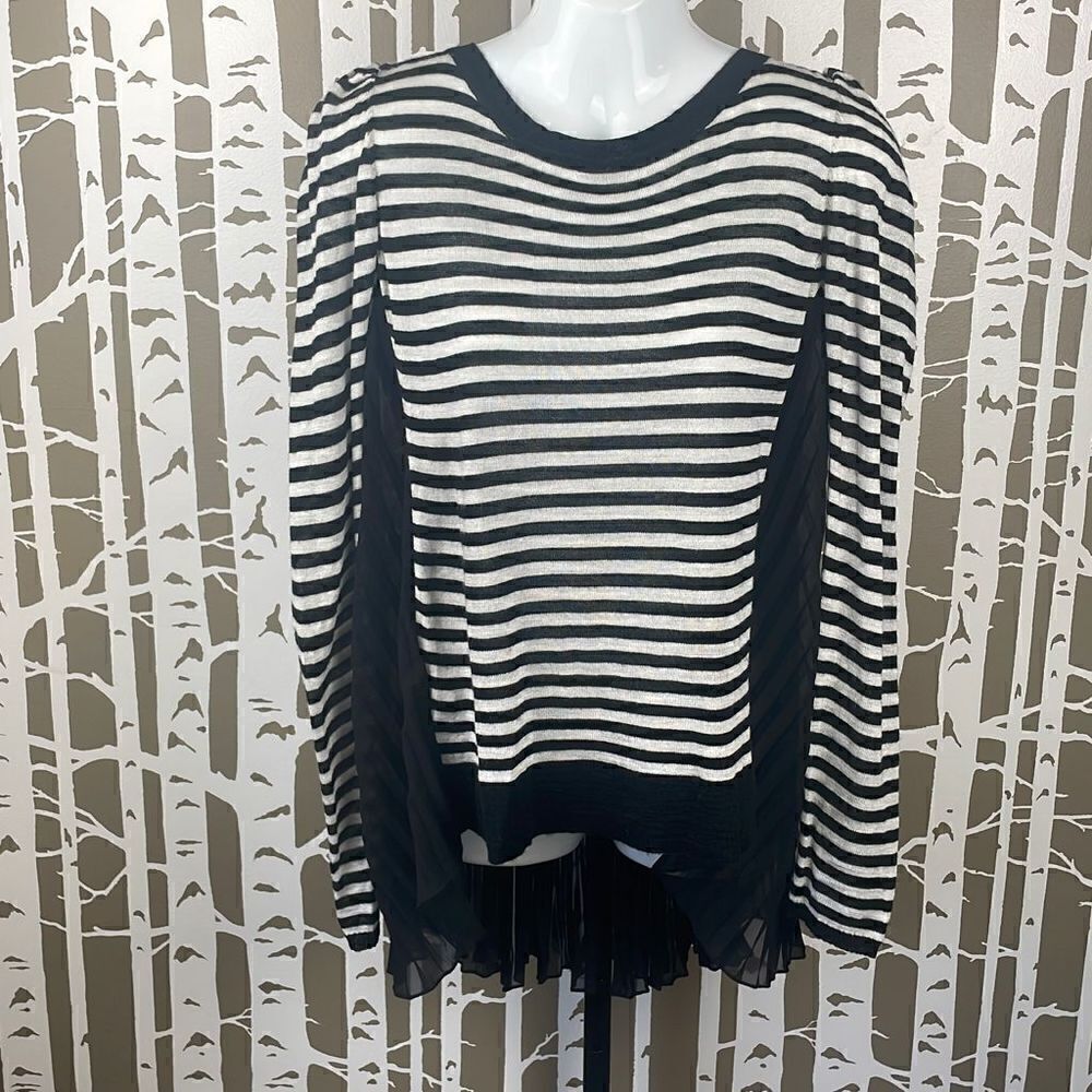 J&M Black & White Striped Sweater Sheer Pleated Back sz 42